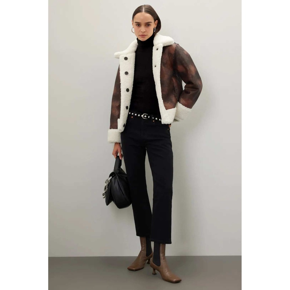 Apparis Reversible Faux Leather Shearling Aviator Jacket Brown Cream Biker Coat